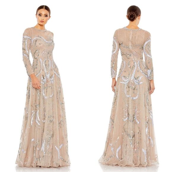 Mac Duggal 5217 Plus Size 14 Embellished Illusion Formal Evening Gown, Nude